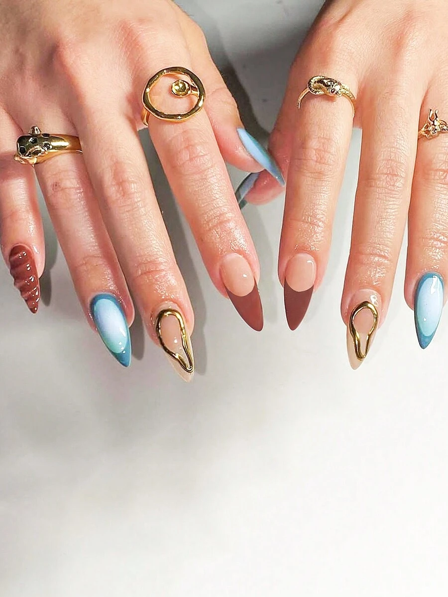 24 件中长款杏仁扎染复古假指甲，带 3D 不对称金属，可穿戴、可重复使用，适合日常和节日佩戴的复古风格，按压式指甲，美甲用品 - 彩色 - 查看 1