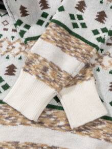 ANDREILEE 男士休闲宽松时尚杏色圣诞树提花图案圣诞元素长袖毛衣，男女通用圆领套头衫，百搭复古混色针织上衣，适合春、秋、冬三季穿着。