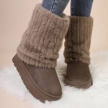 Botas de neve femininas plus size, novas, quentes, cano médio, salto grosso, antiderrapantes, forro térmico, biqueira de tecido macio com acabamento em pele, bege
