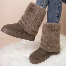 Botas de neve femininas plus size, novas, quentes, cano médio, salto grosso, antiderrapantes, forro térmico, biqueira de tecido macio com acabamento em pele, bege
