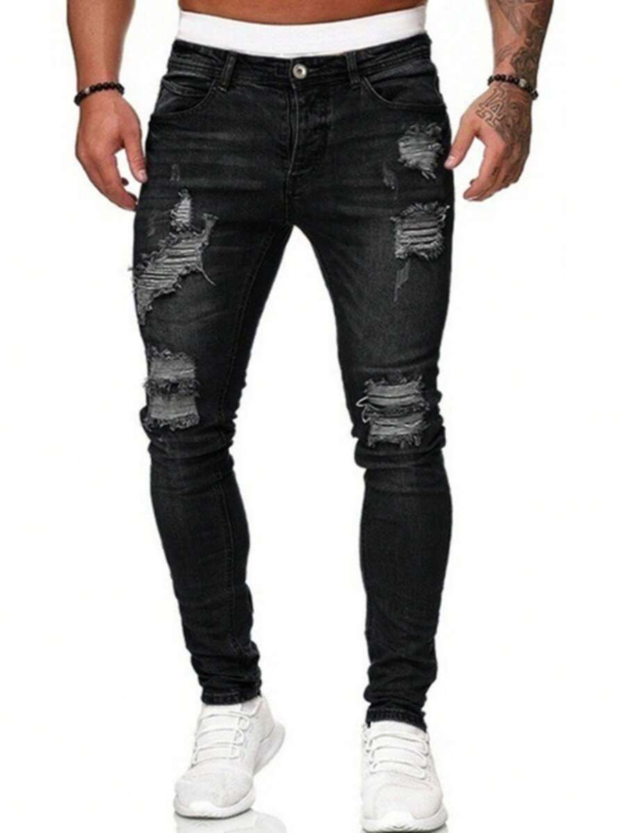 Men's Distressed Stretch Skinny Jeans, Casual Streetwear Slim Fit Pants, Grunge