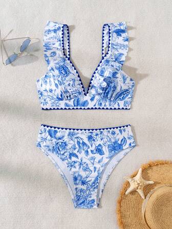 Summer Beach Floral Print V-Neck Ruffle Trim 2 Pieces Bikini Set, Fresh Vacation Style