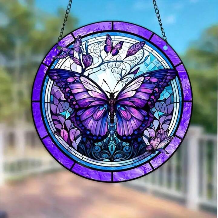 ステンドグラス〈蝶〉 花に囲まれたオオカバマダラ ヴィンテージ