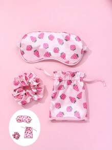 1pc Hair Scrunchie + 1pc Sleep Mask + 1pc Storage Bag Polyester Strawberry Printed Cute Hair Accessories Set, For Daily Use
