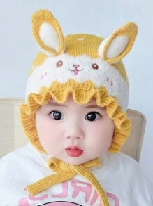 女婴可爱迷人的针织护耳帽，秋冬季 - 可愛小兔荷葉邊繫帶護耳毛帽 - 查看 8