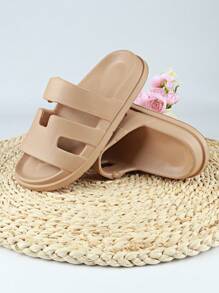 Women's Summer Strap Flat Slide Sandals Khaki Casual Beach Slippers