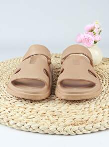 Women's Summer Strap Flat Slide Sandals Khaki Casual Beach Slippers