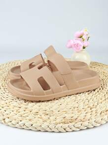 Women's Summer Strap Flat Slide Sandals Khaki Casual Beach Slippers