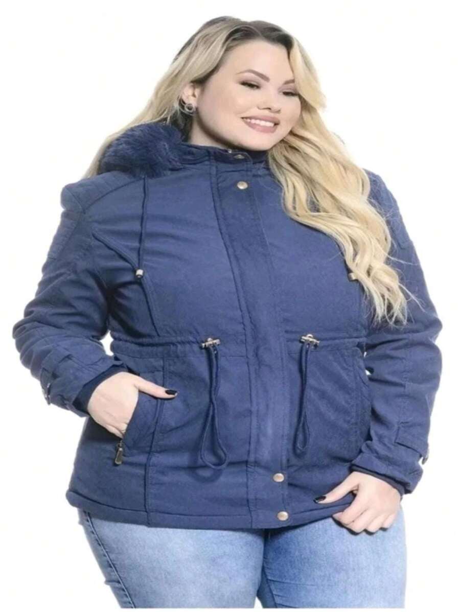 WOMEN'S PLUZ SIZE TWILL OVERCOAT PARK WITH PLUSH LINING - Navy Blue - View 1