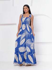 Long Lastex Dress With Printed Strap - Blue - View 1
