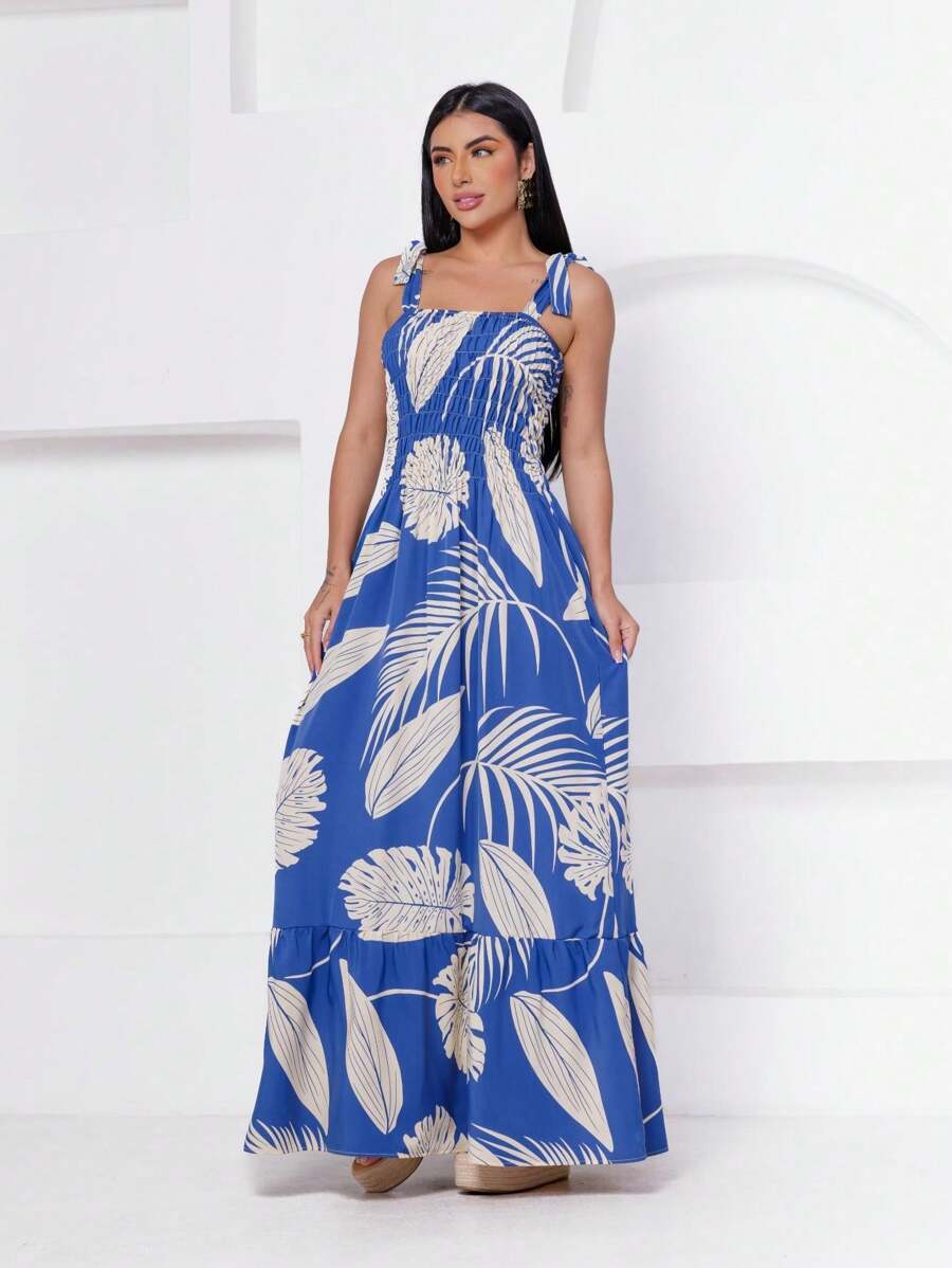 Long Lastex Dress With Printed Strap - Blue - View 1