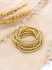 7pcs Elastic Handmade Beaded Bracelet Set, Universal Design With CCB Round Beads - Gold - View 2