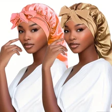 2pcs Solid Color Bowknot Braid Bonnet Classic Long Satin Bonnets Soft Sleeping Night Cap Breathable Hair Bonnets For Women Girls - Multicolor - View 8