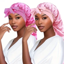 2pcs Solid Color Bowknot Braid Bonnet Classic Long Satin Bonnets Soft Sleeping Night Cap Breathable Hair Bonnets For Women Girls - Multicolor - View 9