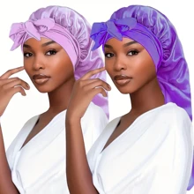 2pcs Solid Color Bowknot Braid Bonnet Classic Long Satin Bonnets Soft Sleeping Night Cap Breathable Hair Bonnets For Women Girls - Multicolor - View 10