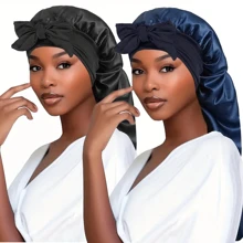 2pcs Solid Color Bowknot Braid Bonnet Classic Long Satin Bonnets Soft Sleeping Night Cap Breathable Hair Bonnets For Women Girls - Multicolor - View 3