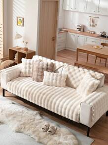 1pc Bubble Plush Faux Rabbit Fur Solid Color Sofa Cover, Modern Simple Warm Sofa Cushion, Suitable For Living Room, All Seasons - White - View 4
