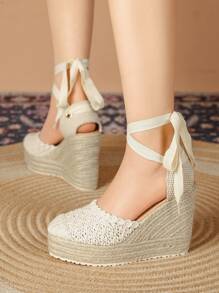 Ladies' Platform Wedge Sandals, Woven Sole Casual Elegant Ladies' Flats, Available In White, Black, Red, Gold, Green, Yellow - Apricot - View 6