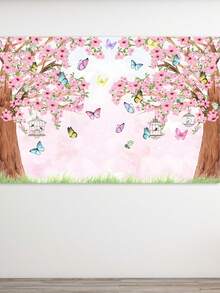 1 pieza Tela de fondo de estudio con mariposa de dibujos animados, puntos dorados, flores para fiesta de cumpleaños de bebé - Multicolor - Ver 24