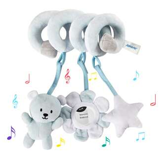1 Stück Baby Hängespielzeug in Hellblau, Teddybär Plüschtier mit abnehmbarer Halterung für das Auto, niedliches Ins-Style-Bett-Aufhängespielzeug mit Rassel, Spiegel und BB-Gerät als Geschenk zur Geburt, zufällige Farbe des Logos