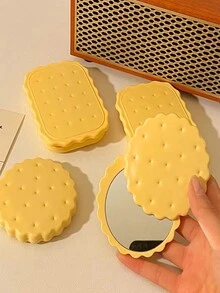Espejo compacto con forma de galleta de dibujo animado con peine a juego, espejo de maquillaje portátil y plegable para retoques de maquillaje diarios - Multicolor - Ver 1