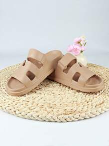 Women's Summer Strap Flat Slide Sandals Khaki Casual Beach Slippers