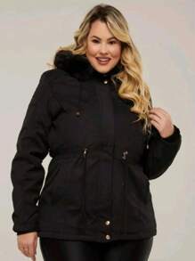 WOMEN'S PLUZ SIZE TWILL OVERCOAT PARK WITH PLUSH LINING - Black - View 1