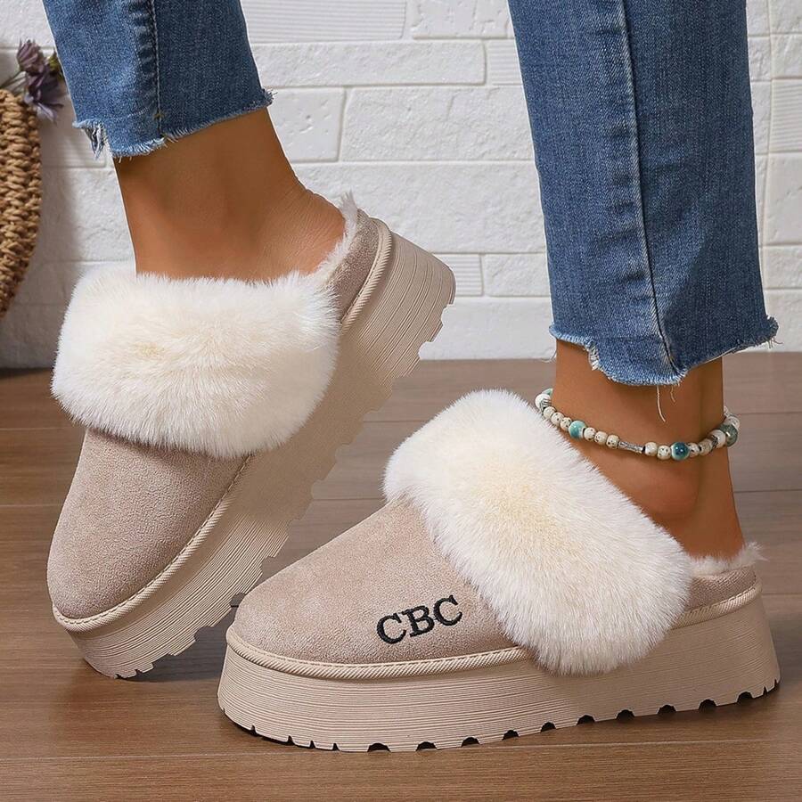 Zapatillas de estar por casa con forro de peluche grueso y cálido, suela suave y esponjosa, estilo europeo y estadounidense para mujeres - Albaricoque - Ver 1
