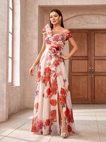 女士花朵印花不对称领口连衣裙，带 3D 花朵装饰，正式鸡尾酒会礼服伴娘礼服 - 彩色 - 查看 4