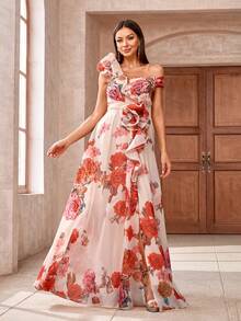 女士花朵印花不对称领口连衣裙，带 3D 花朵装饰，正式鸡尾酒会礼服伴娘礼服 - 彩色 - 查看 3