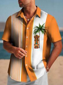 男士大码夏威夷假日休闲户外椰子树几何艺术 3D 数码印花 Polo 领胸口袋度假复古休闲短袖保龄球衬衫 - 橘色 - 查看 1