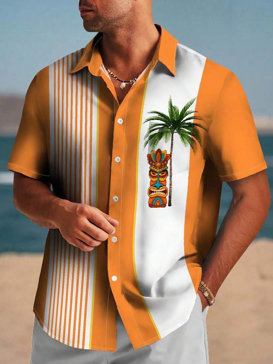 男士大码夏威夷假日休闲户外椰子树几何艺术 3D 数码印花 Polo 领胸口袋度假复古休闲短袖保龄球衬衫 - 橘色 - 查看 1