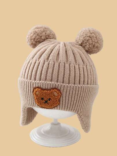 秋冬儿童保暖针织帽，护耳设计，可爱小熊图案，休闲，适合秋冬穿着，温暖舒适，流行日常穿着，可爱的儿童针织帽，婴儿针织帽