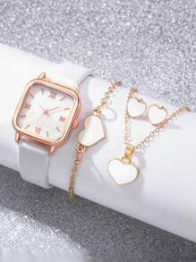 SOKI SOKI 1 set Montre femme avec bracelet en PU, montre à quartz décontractée, assortie à un collier en forme de cœur, des boucles d'oreilles et un bracelet. Convient pour un port quotidien, un cadeau d'anniversaire, une fête, un rassemblement de vacances. Cadeau idéal pour vous-même ou vos amis. Aucune boîte d'emballage incluse.