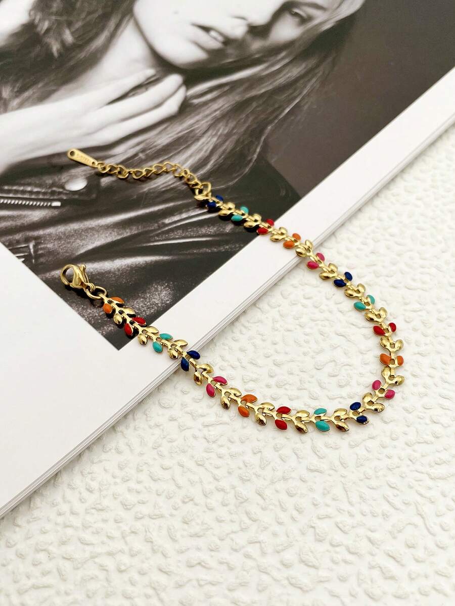 Mazuer 1pc 金色复古夏日海滩海洋百搭简约优雅夸张时尚精致彩色油滴叶设计女士手链，适合约会、教师节、毕业典礼、感恩节、派对、日常通勤、度假 - 金黃色 - 查看 1