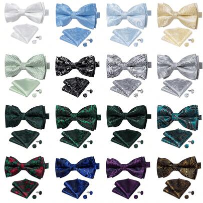 Wedding Men Bowtie Pre Bow Tie Hankerchief Cufflinks Prom Party Pattern 3Pcs/Set