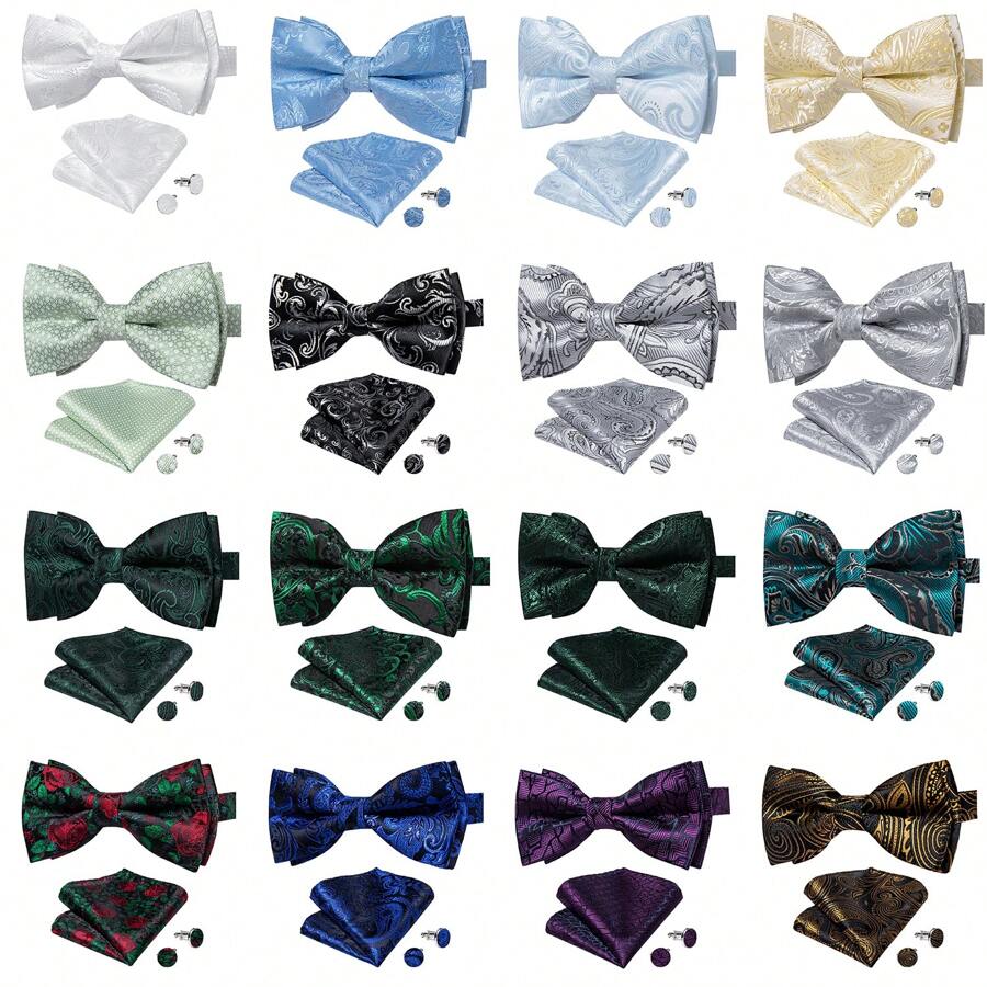 婚礼男士领结 预领结 手帕 袖扣 舞会派对图案 3 件/套 - 彩色 - 查看 1