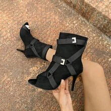 女士优雅时尚高跟鱼嘴凉鞋，多带高跟拉链设计，露趾时尚靴 - 黑色 - 查看 6