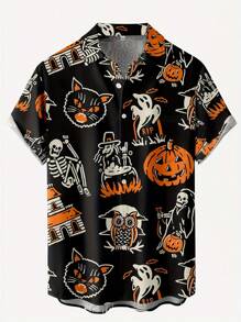 Plus Size Men Halloween Vacation Casual Outdoor Skull Pumpkin Ghost Art Pattern 3D Digital Print Polo Collar Chest Pocket Holiday Fashion Casual Short Sleeve Shirt - Multicolor - View 1