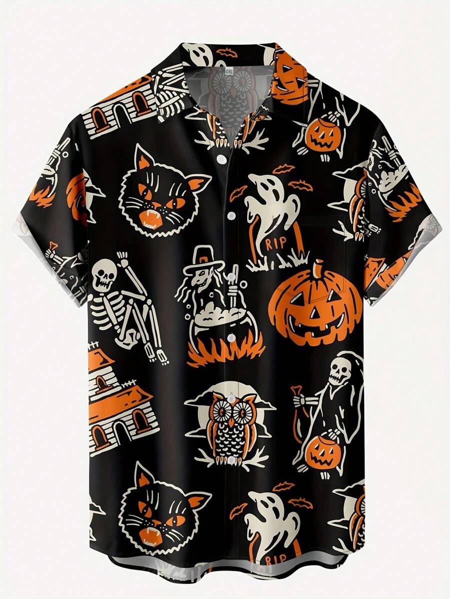 Plus Size Men Halloween Vacation Casual Outdoor Skull Pumpkin Ghost Art Pattern 3D Digital Print Polo Collar Chest Pocket Holiday Fashion Casual Short Sleeve Shirt - Multicolor - View 1