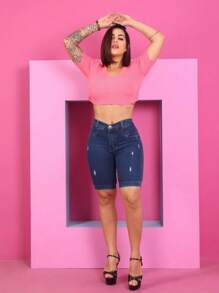 Premium Women's Cyclist Pedal Bermuda Jeans Shorts - Màu xanh lam - Xem 3
