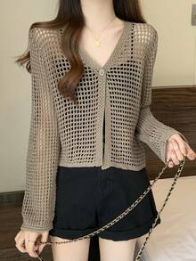 1 chiếc áo khoác cardigan dài tay mỏng nhẹ màu đen, trắng và be, kiểu dáng rộng rãi, thích hợp cho nữ, đi biển, đi nghỉ mát. - Nhiều màu - Xem 2
