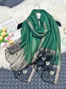 1条优雅秋冬女士仿丝围巾，蝴蝶刺绣，手工串珠，时尚轻薄保暖披肩配饰 - 釘蝴蝶珍珠長絲巾 - 查看 21