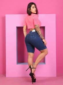 Premium Women's Cyclist Pedal Bermuda Jeans Shorts - Màu xanh lam - Xem 4