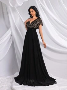 女款優雅亮片雪紡長洋裝 V領披肩袖 正式晚禮服 適合婚禮賓客、舞會、雞尾酒會、盛大晚宴 - 黑色 - 查看 2