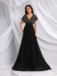 女款優雅亮片雪紡長洋裝 V領披肩袖 正式晚禮服 適合婚禮賓客、舞會、雞尾酒會、盛大晚宴 - 黑色 - 查看 5