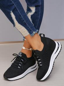 Women's Platform Hidden Wedge Sneakers, Breathable High Rise Mesh Sports Shoes, Fashion Casual Travel Sneakers, Odorless Student Casual Slip-On Shoes - Black - View 4