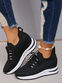 Women's Platform Hidden Wedge Sneakers, Breathable High Rise Mesh Sports Shoes, Fashion Casual Travel Sneakers, Odorless Student Casual Slip-On Shoes - Black - View 1