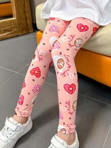 小女孩细款爱心印花紧身裤，适合室内或室外穿着，适合幼儿和大孩子 - 粉色 - 查看 1