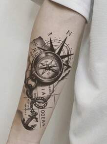 1 pieza Tatuajes temporales de reloj de brújula de estilo europeo geométrico, resistentes al agua y al sudor, duran de 1 a 2 semanas, realistas, de jugo de hierbas, sin reflejo, falsos negros, tatuajes falsos para mujeres y hombres, calcomanías de tatuaje para brazo, pecho, pierna, abdomen, cintura, arte corporal modernista - Negro - Ver 1